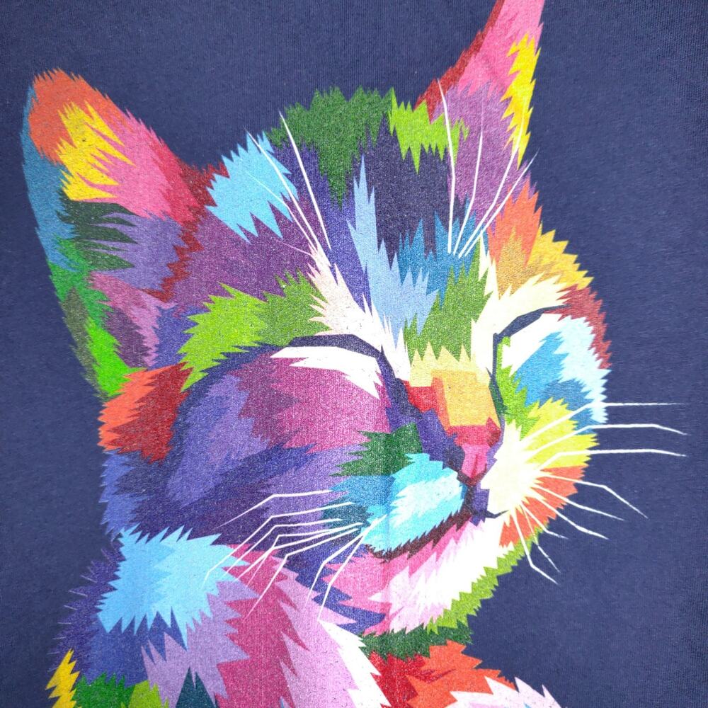 Cat Kitten Tshirt Top Port Company XXL Art To Wear Rainbow Colors Navy Blue - Picture 3 of 14
